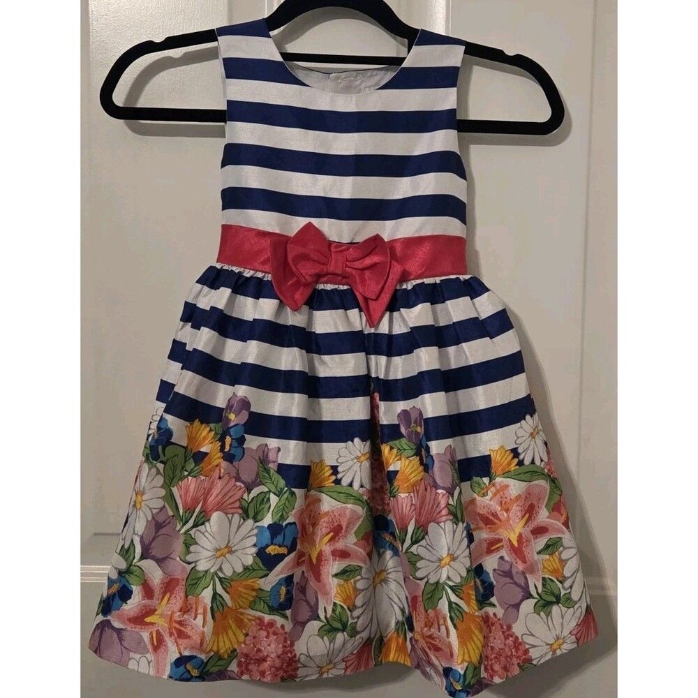 Sleeveless navy & white striped bodice w/ bright floral print - Size 5